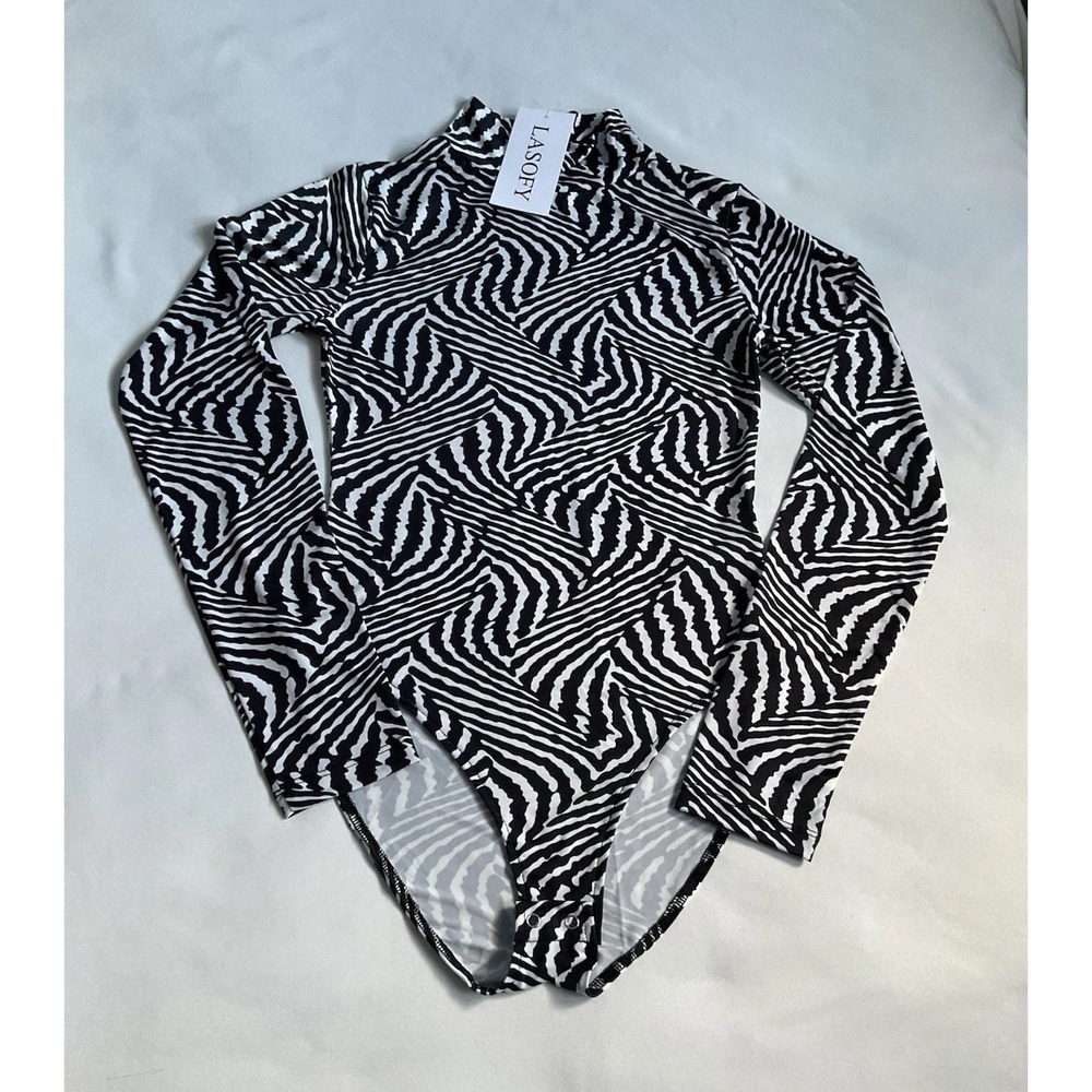 Lazofy‎ Bodysuit Top Women's Zebra Print Long Sleeve Bodysuit Size Medium